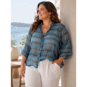 Lafayette 148 New York 100% Silk 3/4 Sleeve Tie Dye Blue Brown Blouse Size 20
